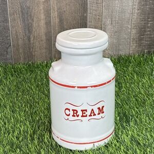 Vintage Cream Canister Jar Lid White‎ Red Farmhouse Kitchen Cottage Decor